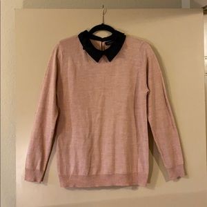 Thin, collared, pink sweater with lace neck detail